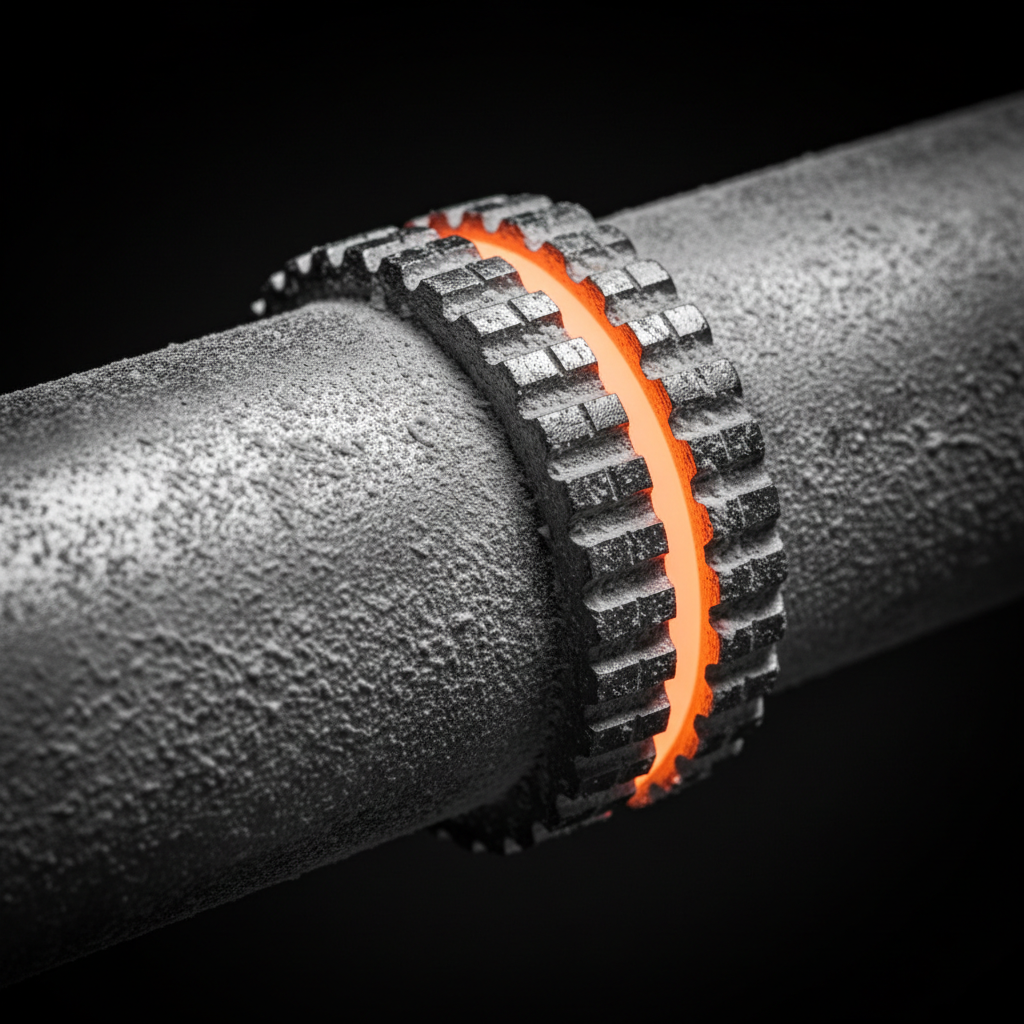 Macro shot of a chalk-covered knurled barbell shaft glowing under blood-orange light